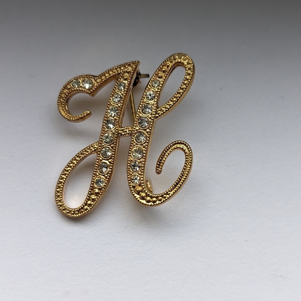 Initial H Gold tone with Rhinestone 1" brooch pin signature letter H - Picture 5 of 6